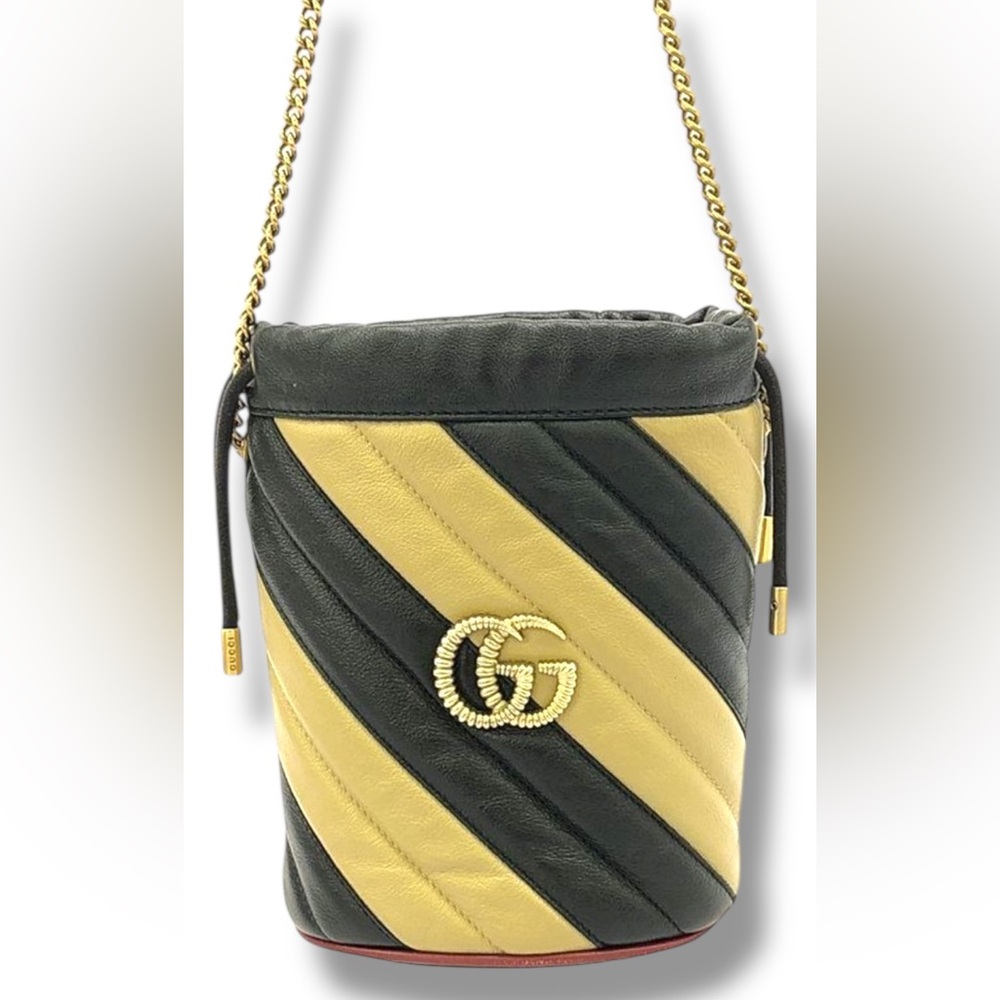 GUCCI GG Marmont Matelasse Leather Torchon Bucket Bag Black Beige & Dust Bag